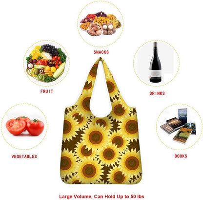 AFPANQZ Sunflower Grogcery Bag Foldable into Attacted Pocket Machine Washable Reusable Shopping Bags for Groceries Polyester Grocery Tote with Handle Heavy Duty Shoulder Totes Storage Yellow Black