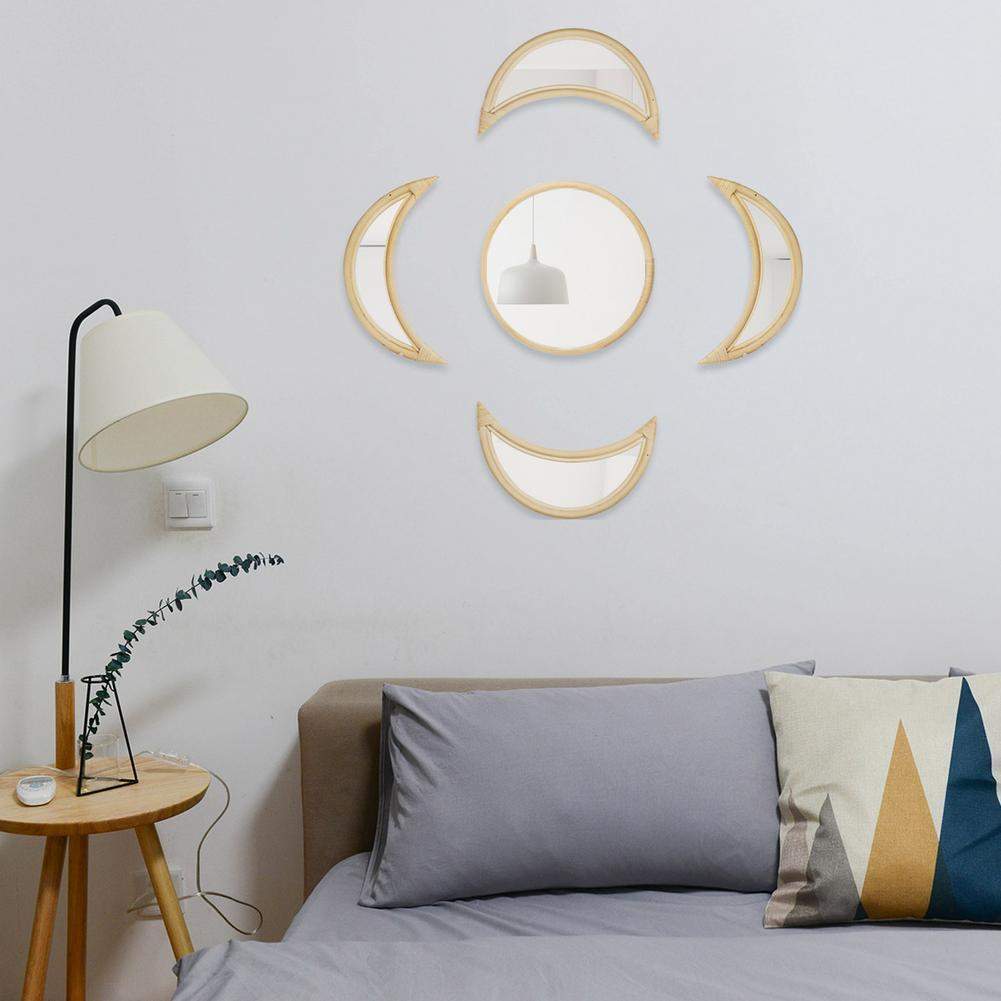 5pcs/3pcs Set Rattan Moon Phase Wall Art Mirrors