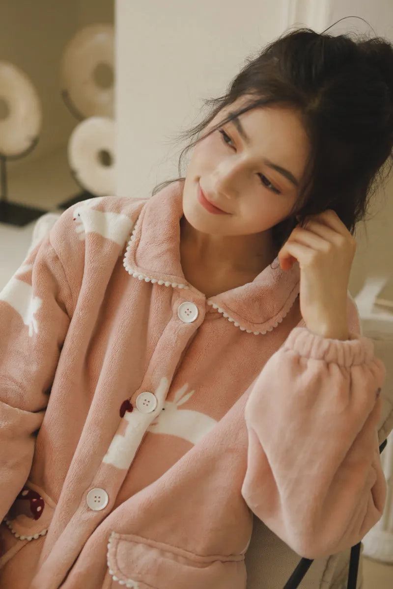 Plush Rabbit & Mushroom Flannel Fleece Pajama Set