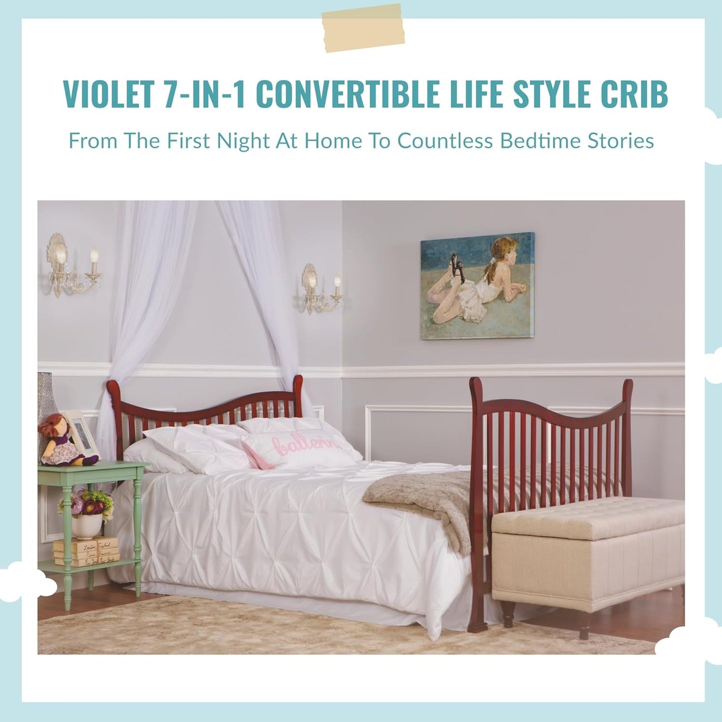 Violet 7-In-1 Convertible Life Style Crib in Cherry, Greenguard Gold Certified, 4 Mattress Height Settings, Made of Sustainable New Zealand Pinewood Baby Products Cribs Furniture Infant & Toddler Beds Nursery