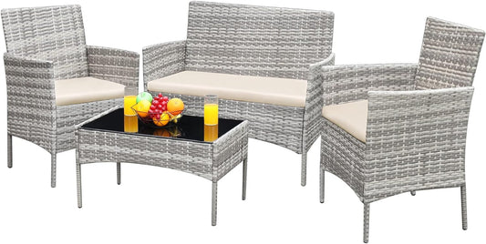 Greesum Patio Furniture 4 Pieces Conversation Sets Outdoor Wickerr Rattan Chairs Garden Backyard Balcony Porch Poolside Loveseat with Soft Cushion and Glass Table, Gray and Beige Conversation Sets Lawn & Garden Patio Patio Furniture & Accessories Patio Furniture Sets