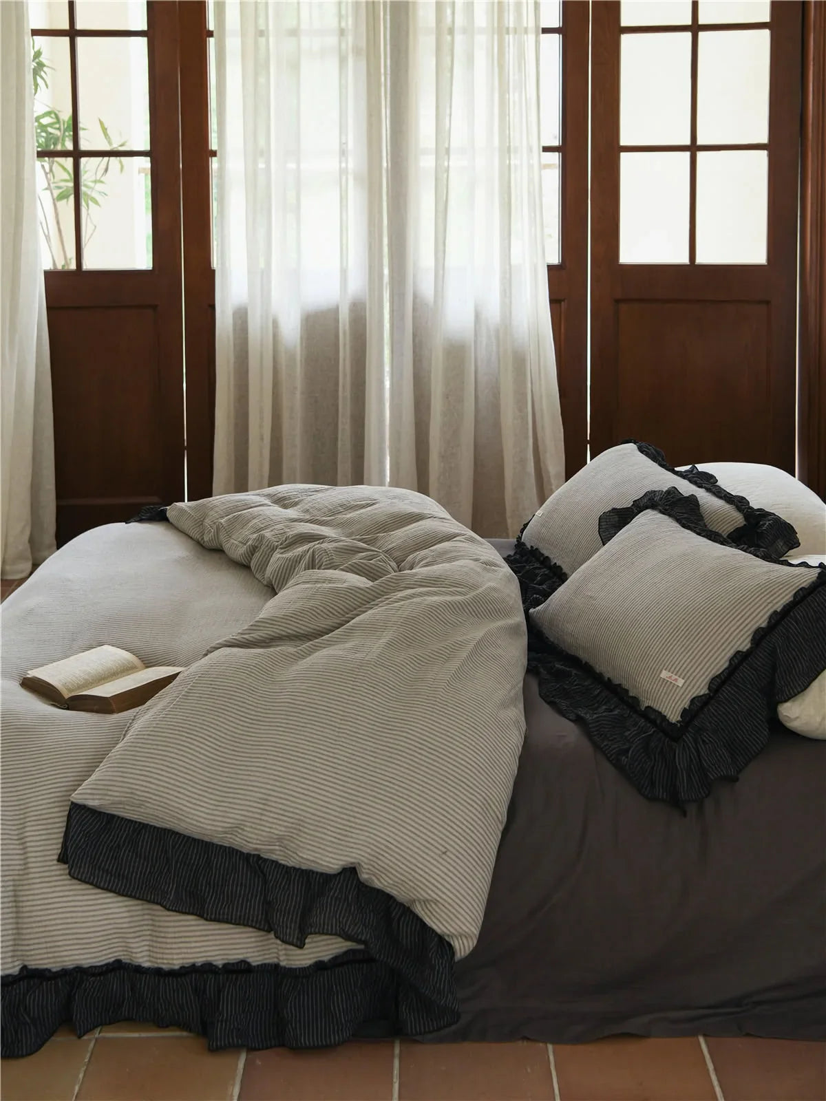 Ruffle Trim Pinstripe Washed Cotton Bedding Set