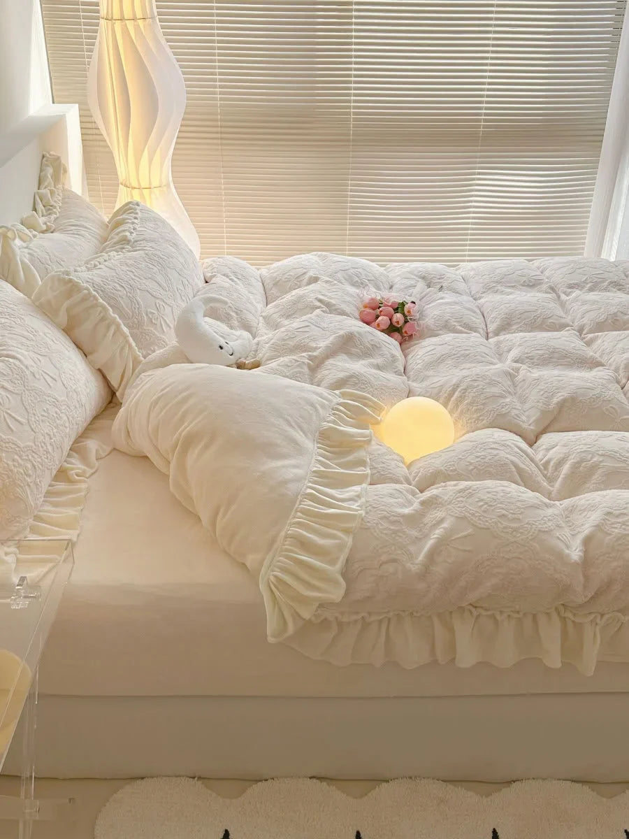 Plush Ruffled Embossed Bow Flannel Fleece Bedding Set