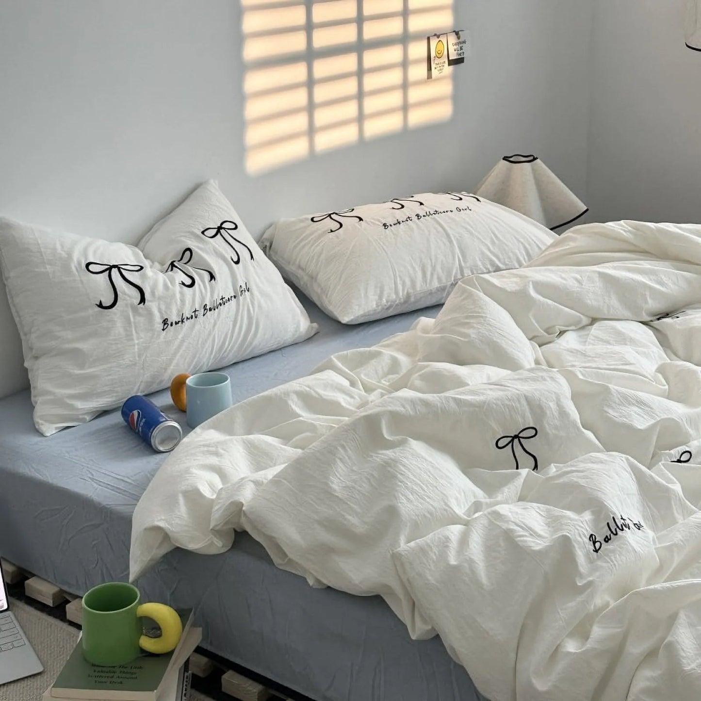Textured Embroidered Bowknot Washed Cotton Bedding Set