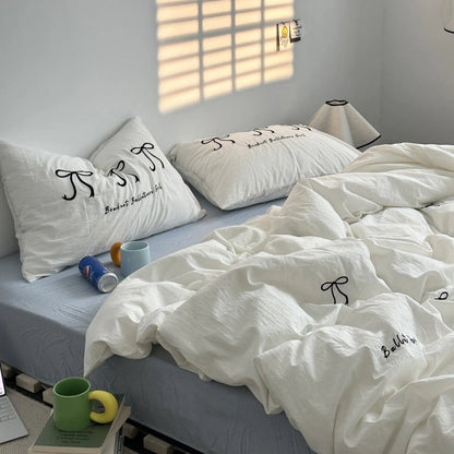Textured Embroidered Bowknot Washed Cotton Bedding Set