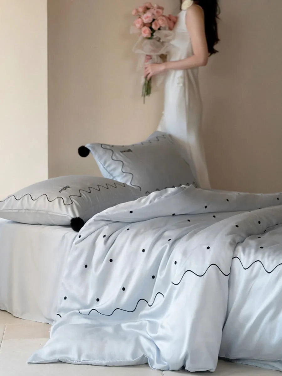 Silky Pom Pom Wavy Embroidered Tencel Bedding Set