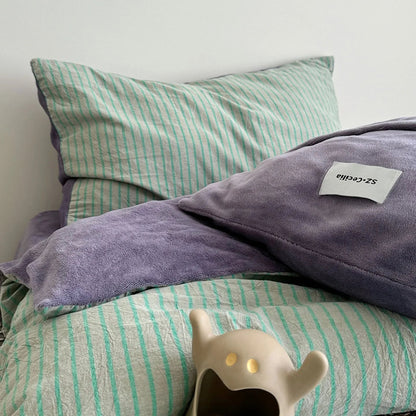 Plush Reversible Striped Flannel Fleece Bedding Set