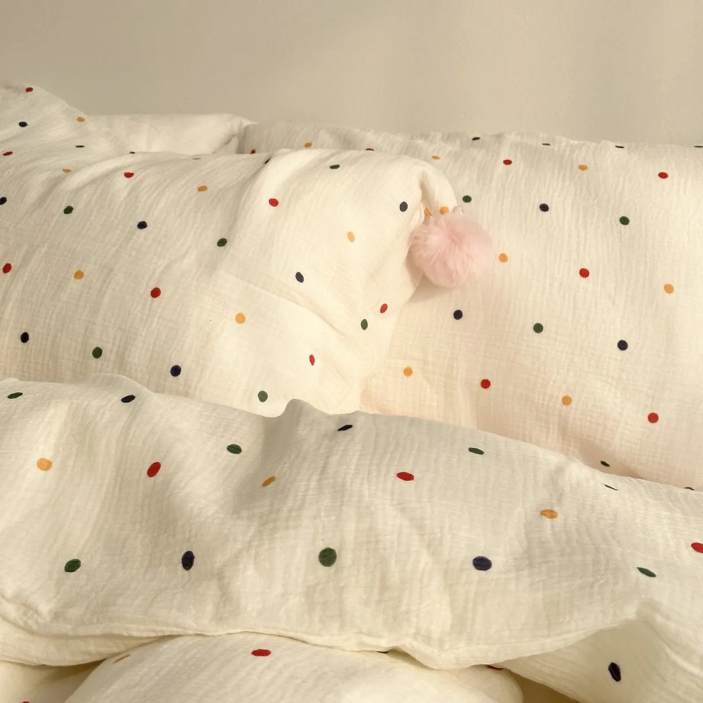 Soft Polka Dot Cotton Bedding Set with Pom Poms