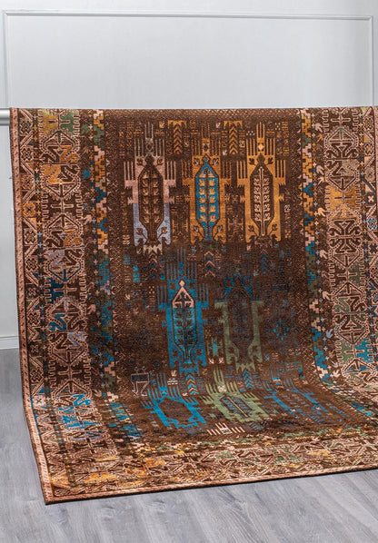 Folk Dark Brown - Cyan Rug