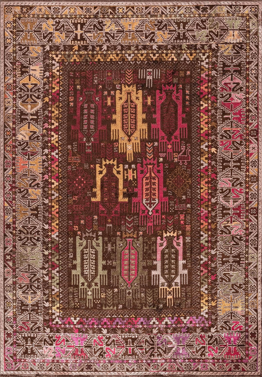 Folk Dark Brown - Magenta Rug