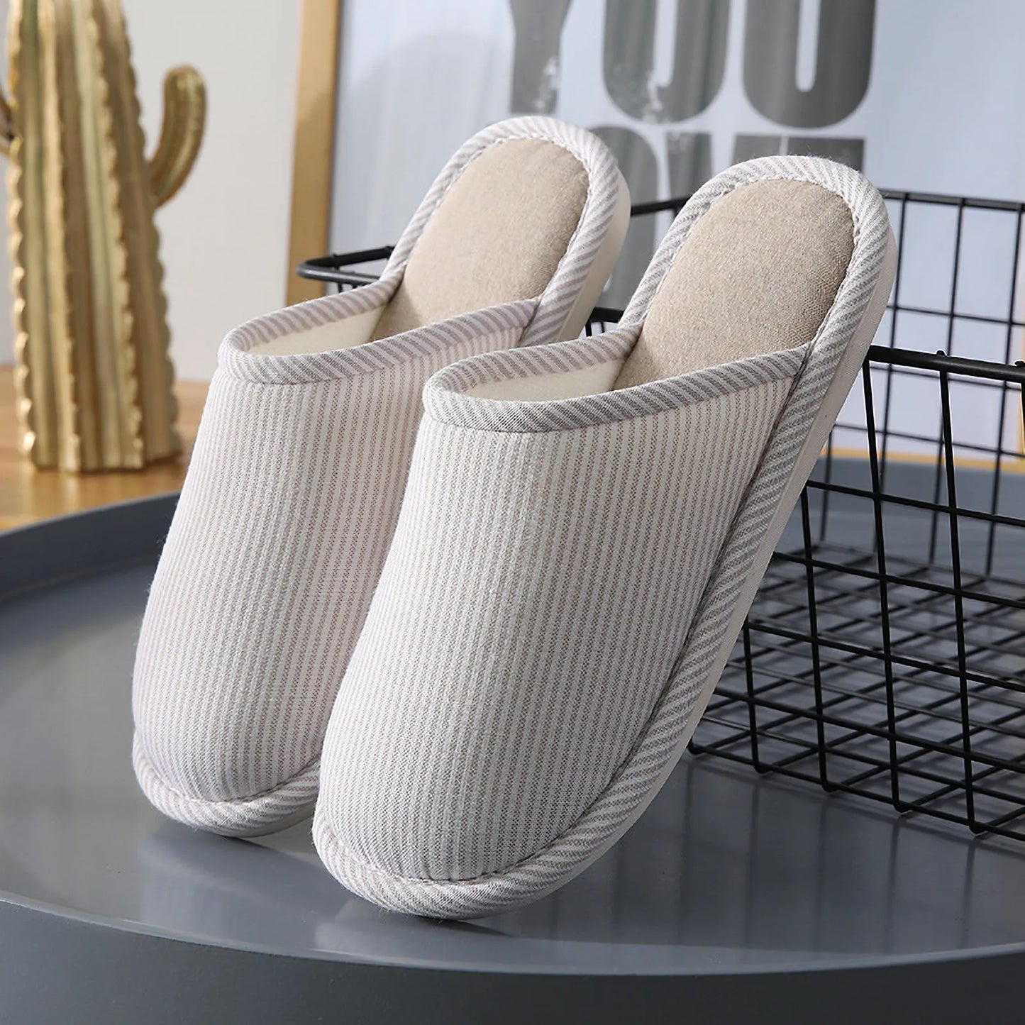 Breathable Pinstripe Cotton House Slippers