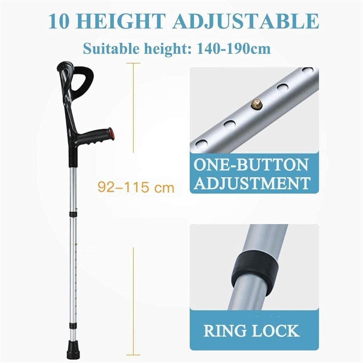 2×Adults Forearm Crutches, Folding Walking Sticks, Adjustable Crutches, Ergonomic Handles, Non-Slip Tips, for Height 140-190 Cm Canes Crutches Crutches & Accessories Health & Household Medical Supplies & Equipment Mobility & Daily Living Aids Mobility Aids & Equipment