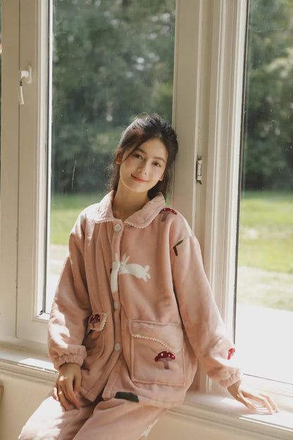 Plush Rabbit & Mushroom Flannel Fleece Pajama Set