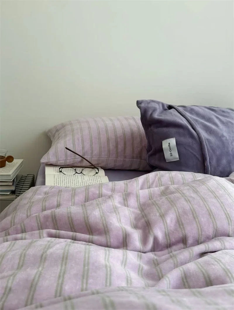 Plush Pinstripe Flannel Fleece Bedding Set