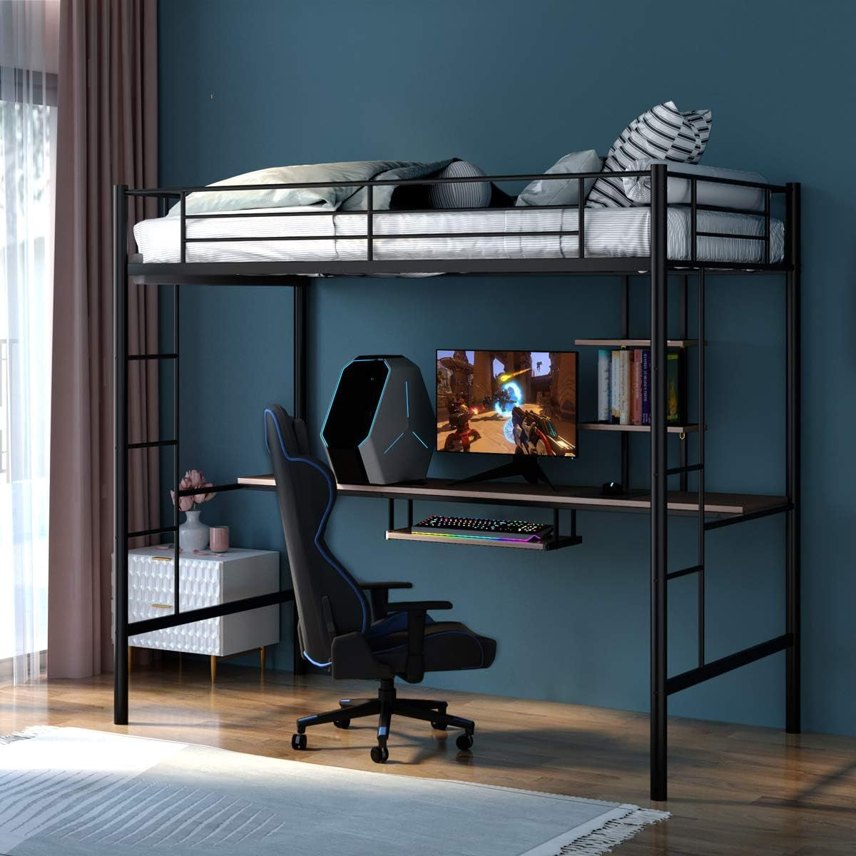 Giantex Metal Loft Bed Frame, Twin Size Bunk Bed with Bilateral Ladders, Guardrails, Desk and Bookcase, Space-Saving Loft Bed with Keyboard Tray for Boys & Girls Teens (Twin, Black) Bedroom Furniture Beds Frames & Bases Furniture Home & Kitchen