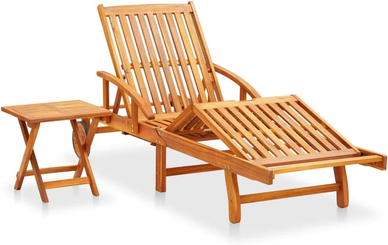 Folding Sun Lounger with Table and Cushion | Foldable Patio Chaise Lounge with Wheels | Adjustable Outdoor Sunlounger with Footrest | Wooden Garden Lounge Chair with Pull-Out Table | Solid Acacia Wood Chairs Lawn & Garden Lounge Chairs Patio Patio Furniture & Accessories Patio Seating