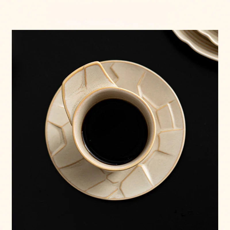 Textured Geometric Ceramic Coffee Cup & Saucer Set