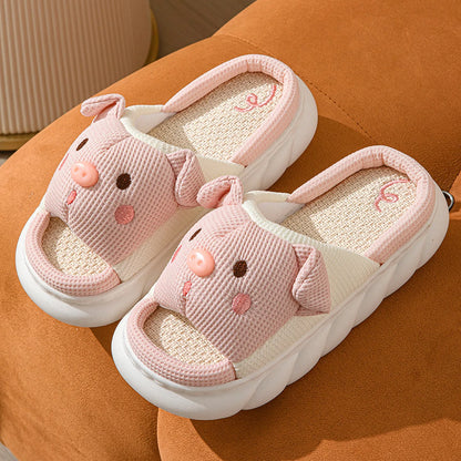 Waffle Textured Embroidered Pig Linen House Slippers