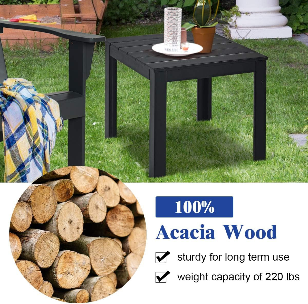 Giantex Outdoor Side Table Set of 2, Acacia Wood Adirondack Table W/Oil Finished, 220Lbs Weight Capacity, Square End Table for Patio, Backyard, Garden, Poolside & Balcony (2, Black) Lawn & Garden Patio Patio Furniture & Accessories Side Tables Tables