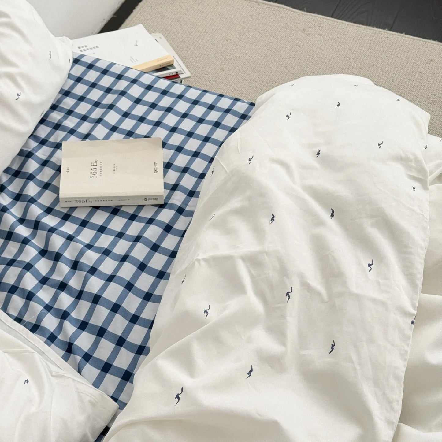 Gingham & Seagull Embroidered Washed Cotton Bedding Set