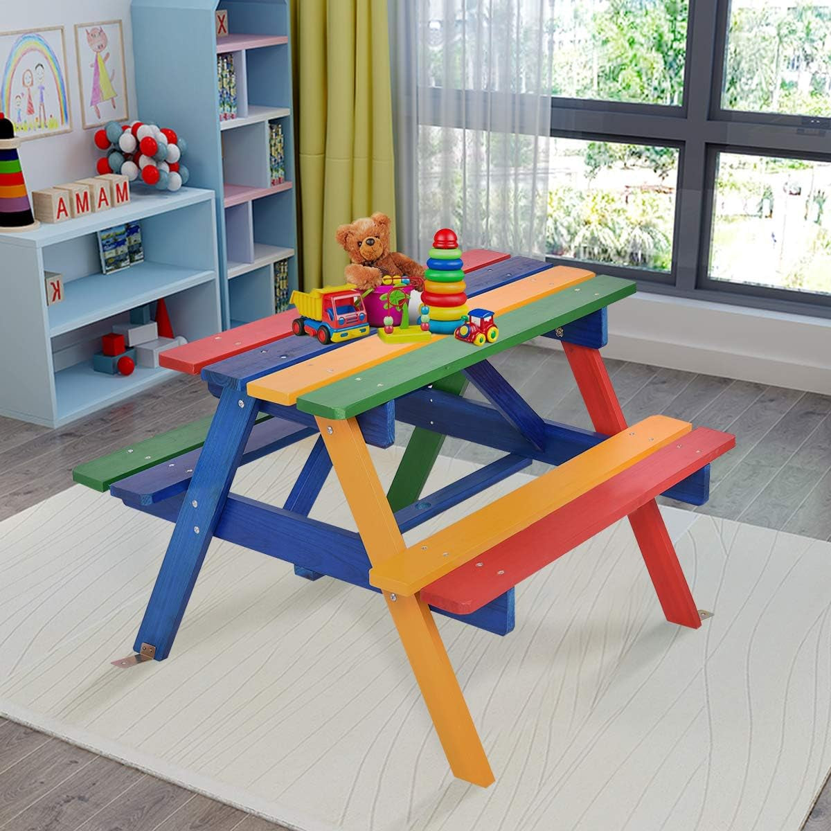 Costzon Kids Picnic Table Set, Colorful Wood Picnic Table and Benches with Removable/Folding Umbrella, Children Rainbow Bench Outdoor Patio Set Lawn & Garden Patio Patio Furniture & Accessories Picnic Tables Tables