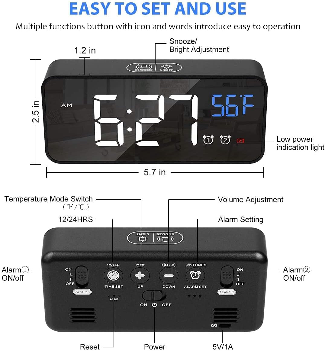 Digital Alarm Clock for Bedroom, Heavy Sleepers, LED Large Number Mirror Display with USB Charger, Loud Dual Alarm Clock with Snooze, Easy to Set, Adjustable Brightness