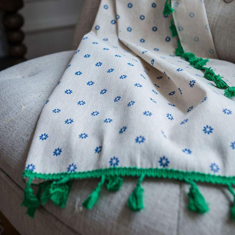 Blue Daisy Green Cotton Curtain