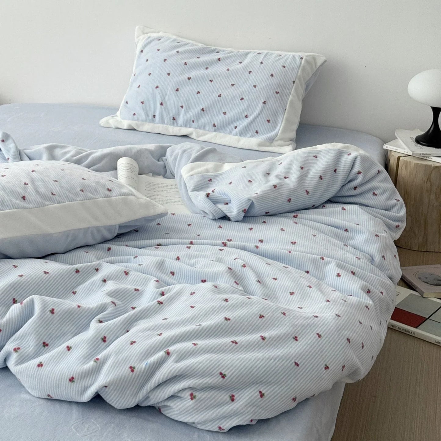 Plush Cherry Pinstripe Fleece Bedding Set