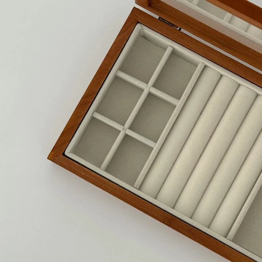 Polished Wood Jewelry Organizer with Glass Lid