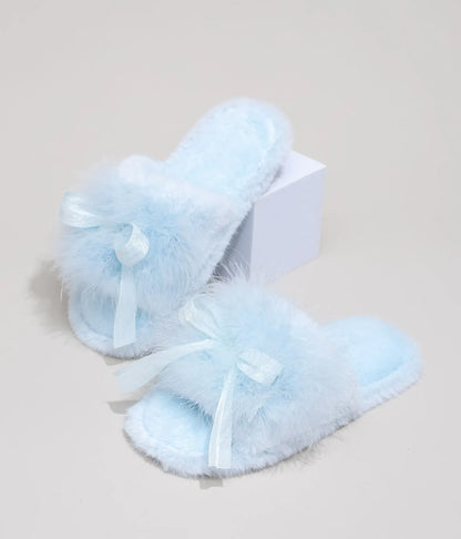 Plush Satin Bow Faux Fur House Slippers