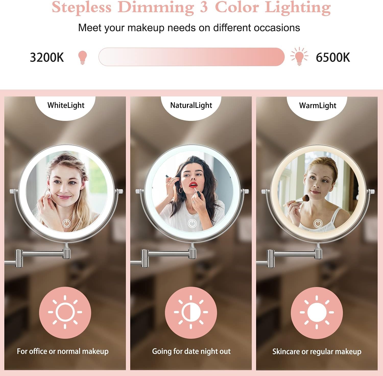 Erealmirror Rechargeable LED Lighted Makeup Mirror Wall Mounted Double Sided 10X Magnifying Bathroom Mirror with 3 Color Lights Dimming 360 Degree Rotation, Extension Arm, Brushed Nickel Beauty & Personal Care Makeup Mirrors Mirrors Tools & Accessories