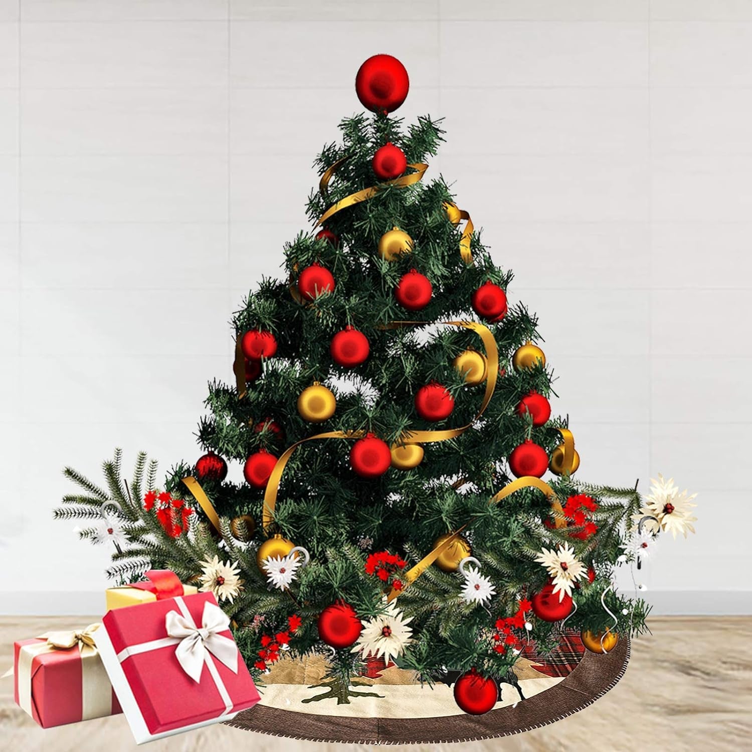 Christmas Tree Skirt 48Inch Double Layers Xmas Tree Skirt for Christmas Decorations Winter New Year House Decoration Supplies Holiday Ornaments Indoor Outdoor