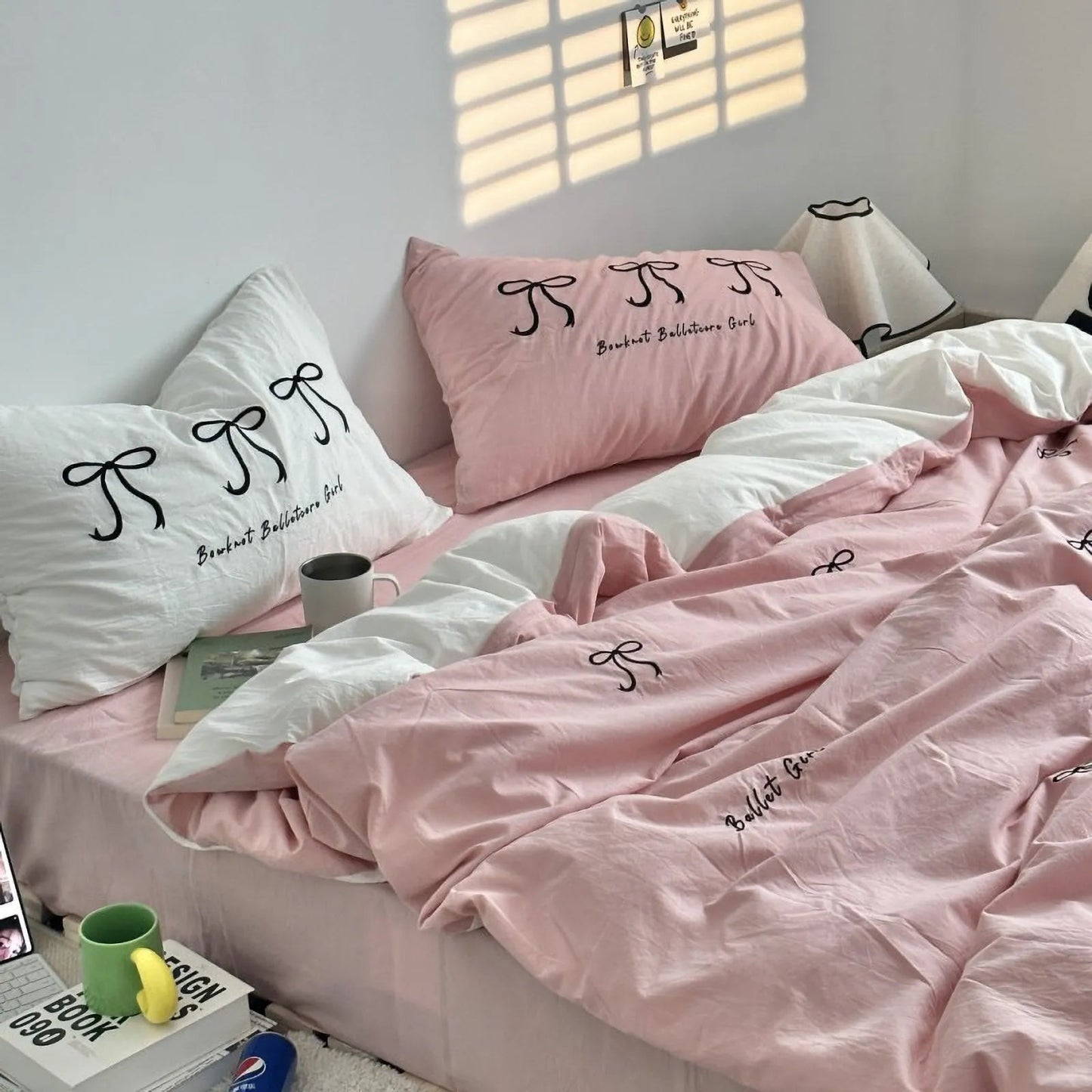 Textured Embroidered Bowknot Washed Cotton Bedding Set