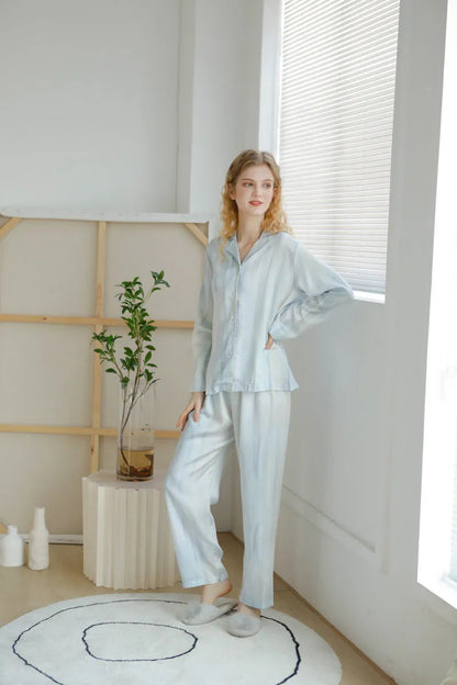 Silky Ice Blue Striped Cotton Sateen Pajama Set