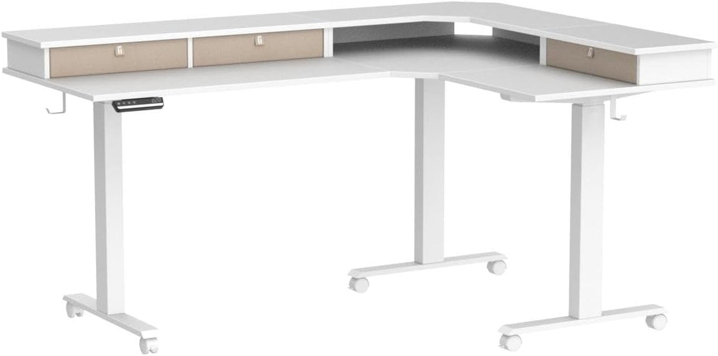 FEZIBO Triple Motor 63" L Shaped Standing Desk with 3 Drawers, Electric Standing Gaming Desk Adjustable Height, Corner Stand up Desk with Splice Board, White Frame/White Top Furniture Home & Kitchen Home Office Desks Home Office Furniture