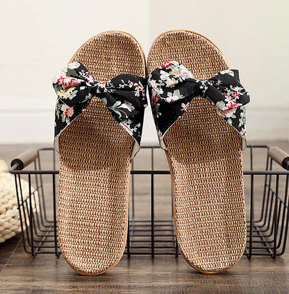 Woven Floral Bow Linen House Slippers