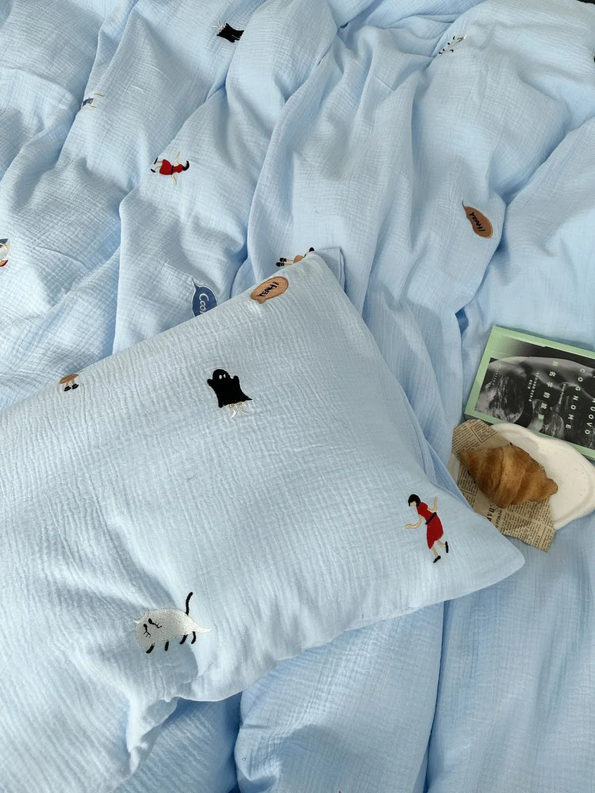 Textured Whimsical Embroidered Washed Cotton Bedding Set