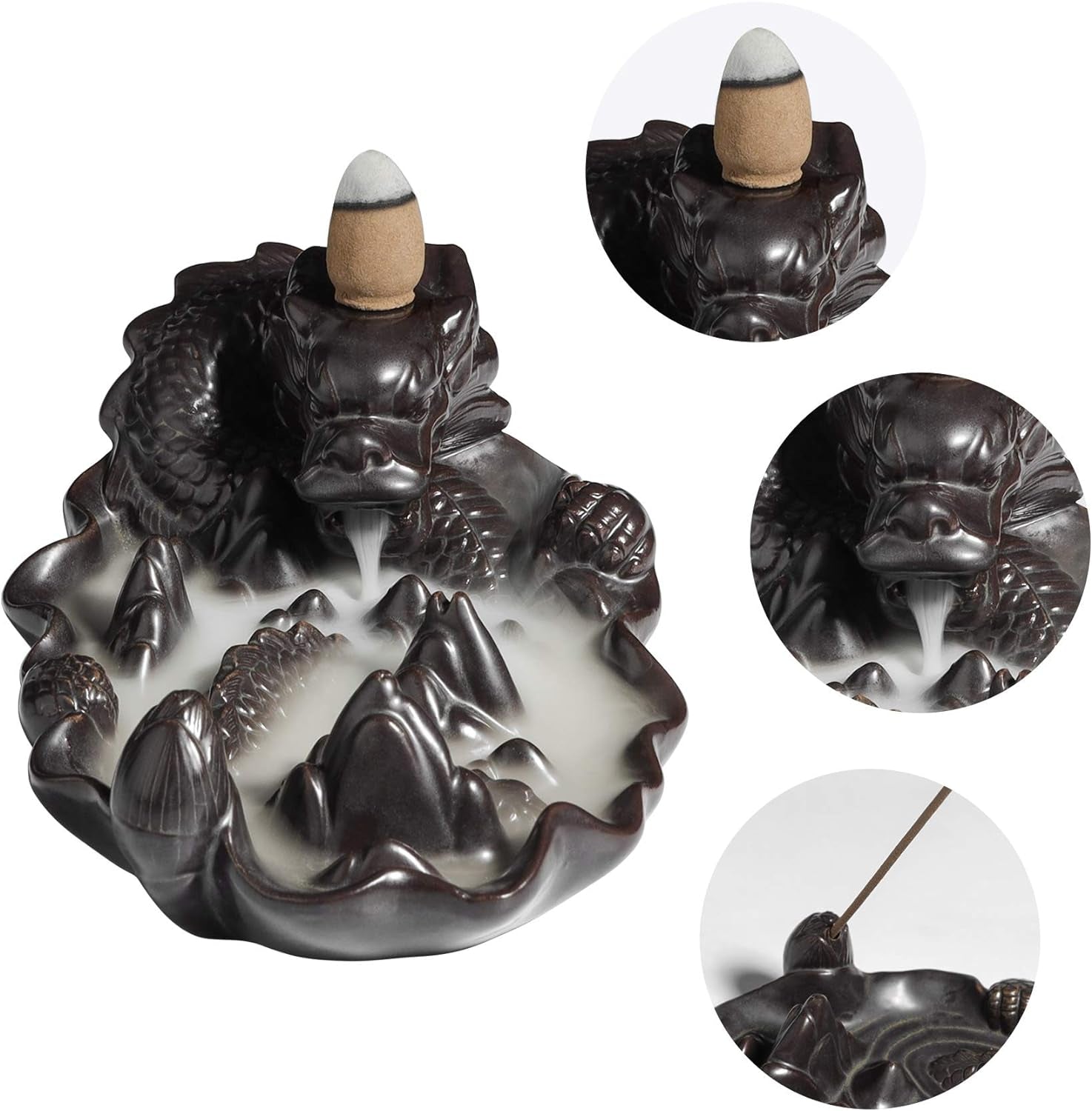 Comsaf Waterfall Dragon Backflow Incense Burner Ceramic, Handmade Censer Incense Cone Incense Stick Holder, Aromatherapy Ornament Home Decor Porcelain Yoga Meditation Relaxation Office Gift, Mountain Home & Kitchen Home Décor Products Home Fragrance Incense & Incense Holders Incense Holders