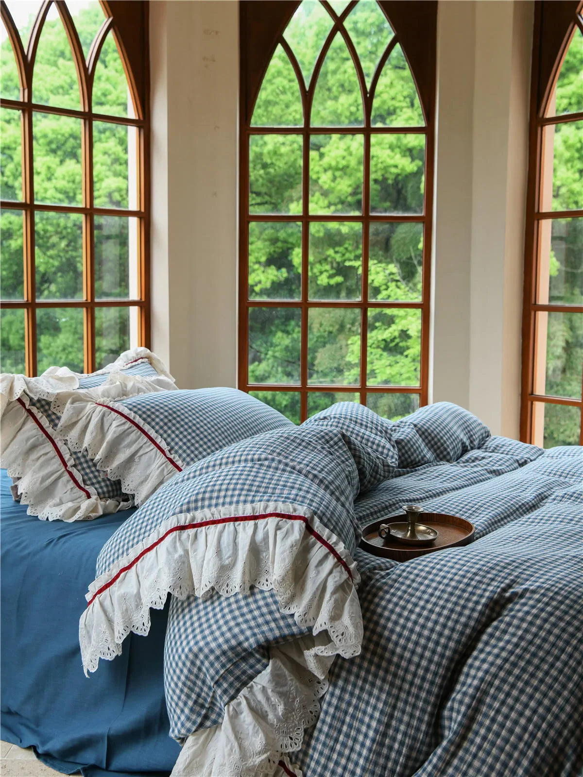Lace Ruffle Gingham Washed Cotton Bedding Set