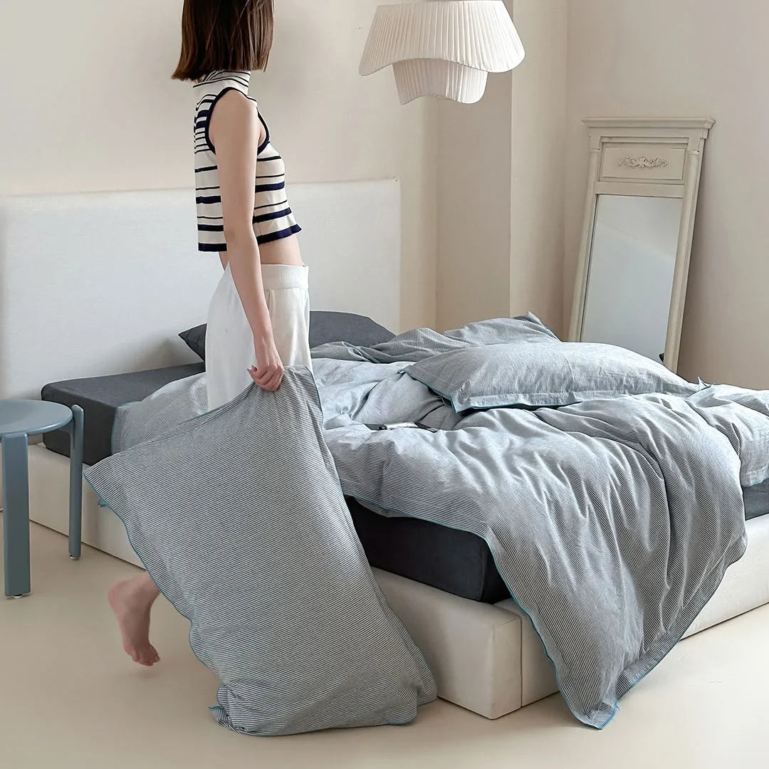 Soft Ruffle Pinstripe Washed Cotton Bedding Set