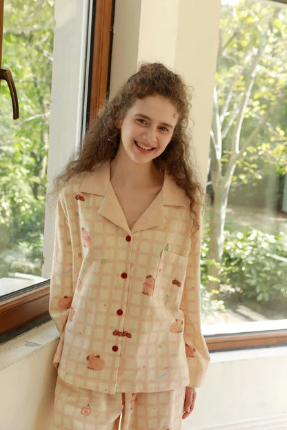 Soft Capybara Plaid Cotton Pajama Set