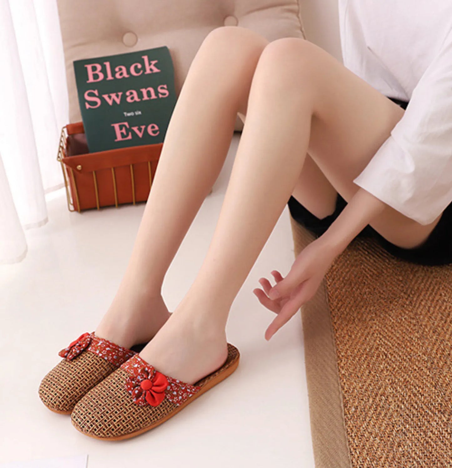 Woven Floral Natural Rattan House Slippers