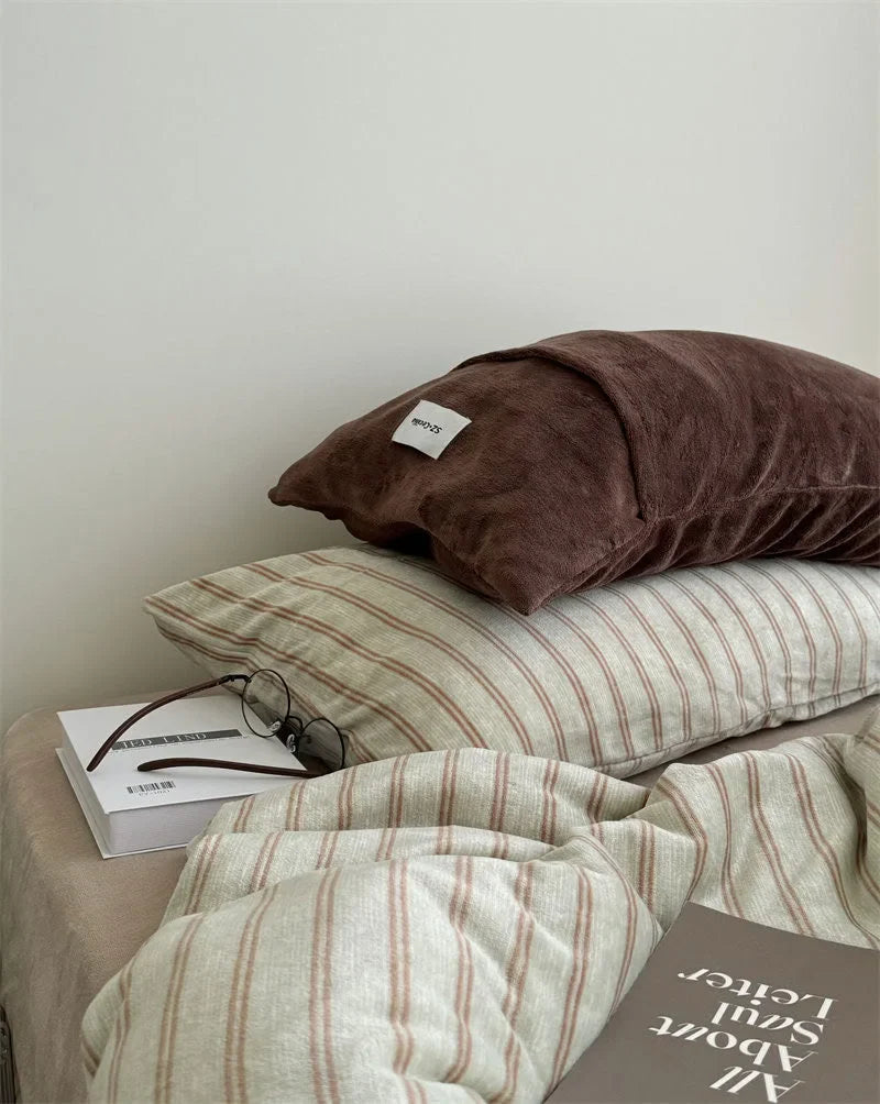 Plush Pinstripe Flannel Fleece Bedding Set