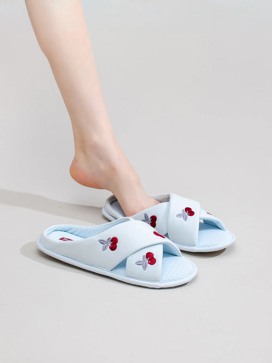 Soft Embroidered Cherry Plush House Slippers