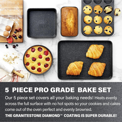 Granite Stone Pro 5 Piece Bakeware Set, 0.8MM Gauge, Durable Nonstick Surface, Oven Safe 550°F with No Warping, Dishwasher Safe, Cookie Sheet, Muffin Pan, Loaf Pan & round Pan and XL Rectangular Tray