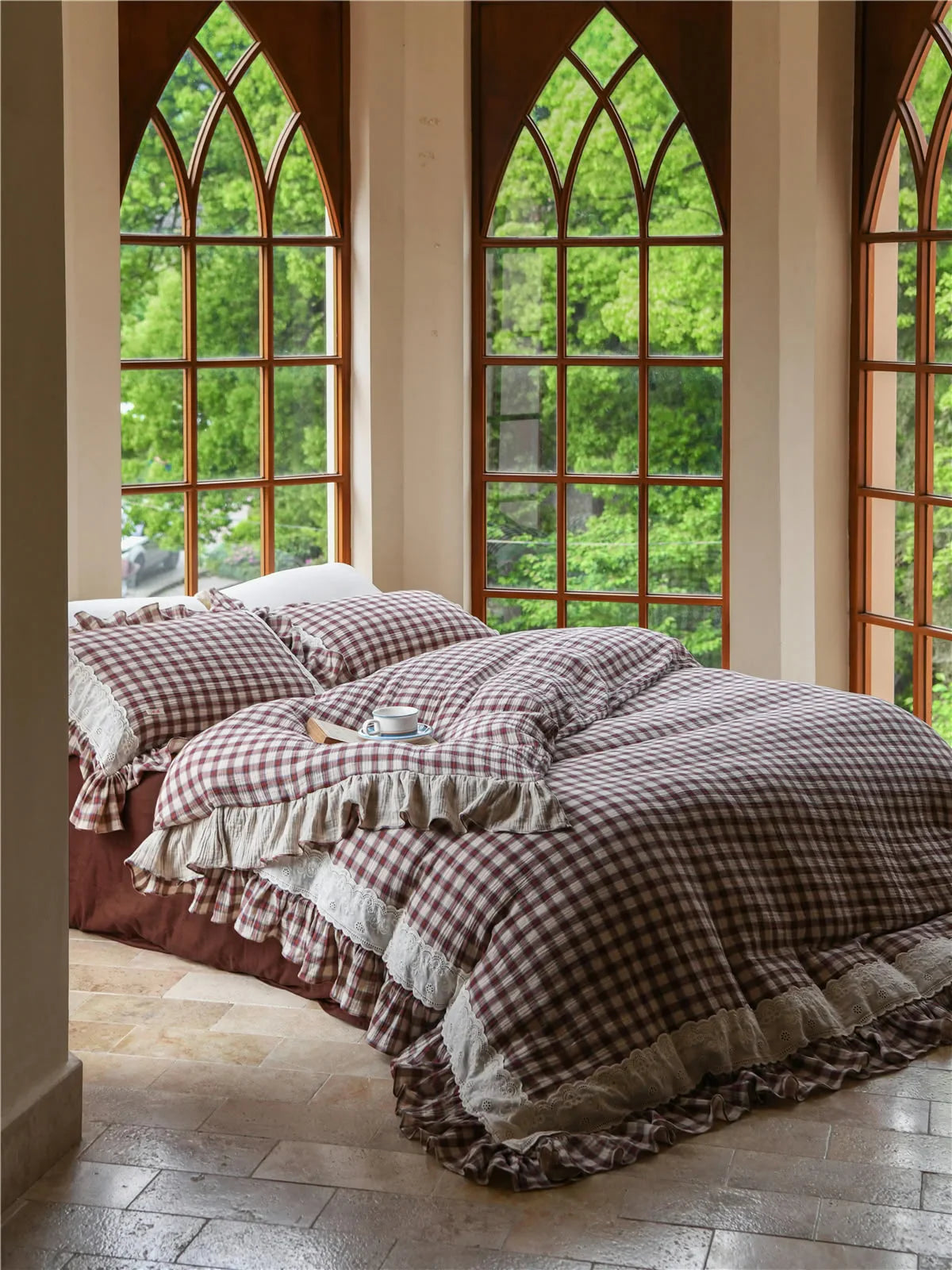 Lace Ruffle Gingham Washed Cotton Bedding Set