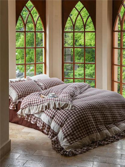Lace Ruffle Gingham Washed Cotton Bedding Set