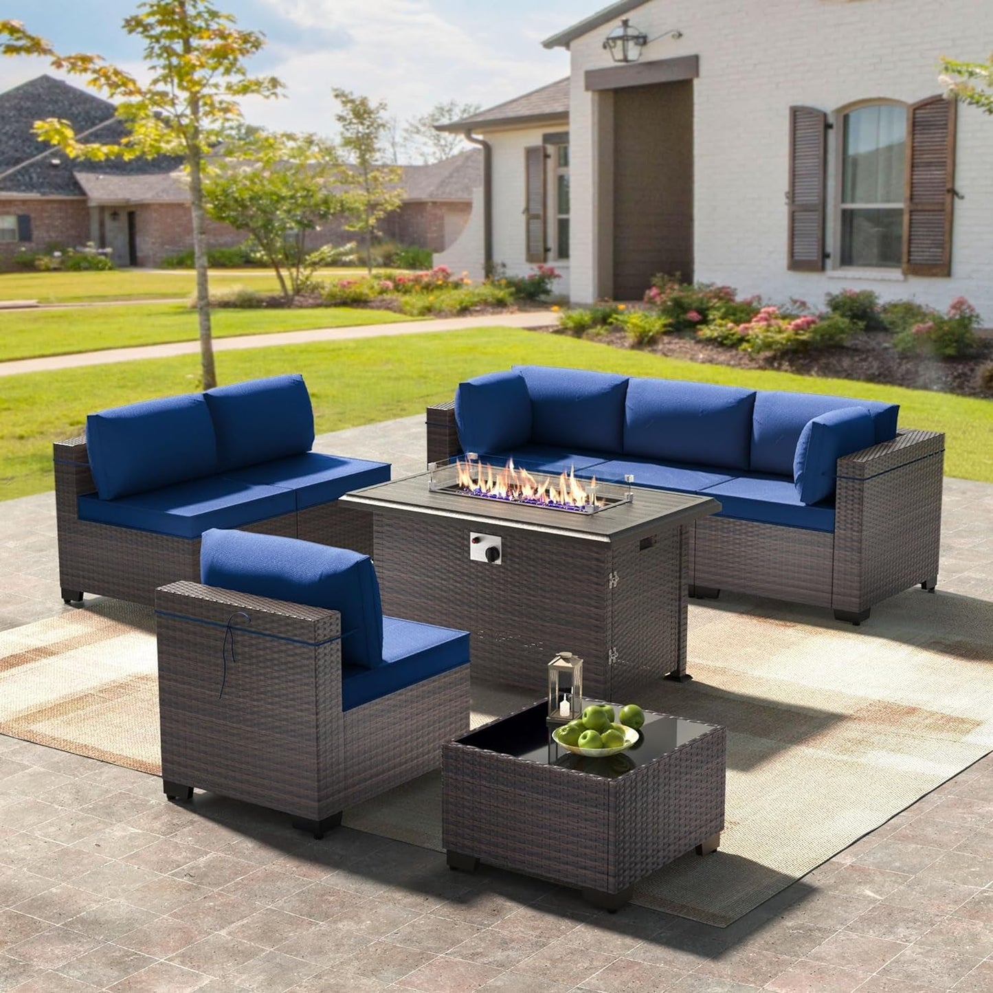 8 Piece Outdoor Patio Furniture with 55000 BTU Propane Fire Pit Table, PE Wicker Rattan Outdoor Sofa Conversation Set,Sectional Furniture Patio Set W/Tempered Glass Top Table&Gas Fire Pit(Red) Conversation Sets Lawn & Garden Patio Patio Furniture & Accessories Patio Furniture Sets