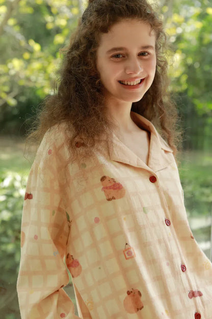 Soft Capybara Plaid Cotton Pajama Set
