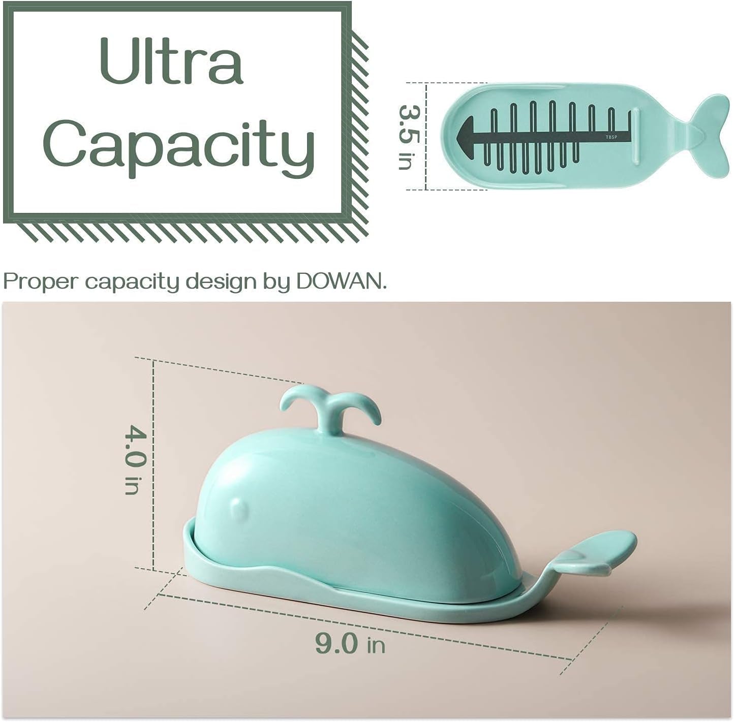 DOWAN Whale Butter Dish, Cute Butter Dish, Funny Gifts for Mom Wife Friends, Fish Bone Cutting Measuring Lines and Tail Non-Slip Design, Ideal Decor Gift for Birthday Wedding Housewarming, Turquoise Butter Dishes Dining & Entertaining Dinnerware & Serveware Home & Kitchen Kitchen & Dining Serveware